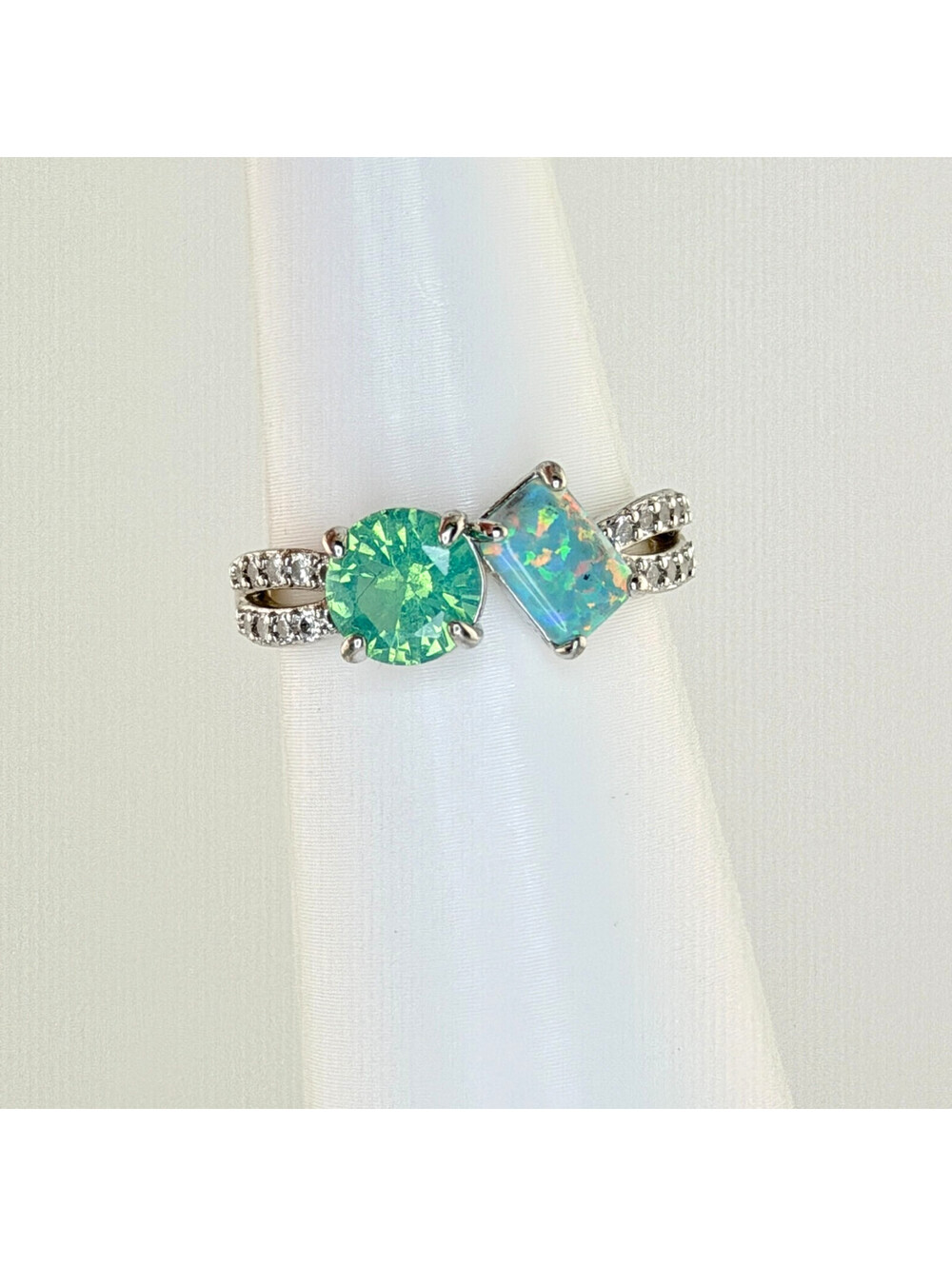 Bomb Party Sz 8 RBP5888 "The Diana Ring" Green Chalcedony, Pale Green Opal RETRO